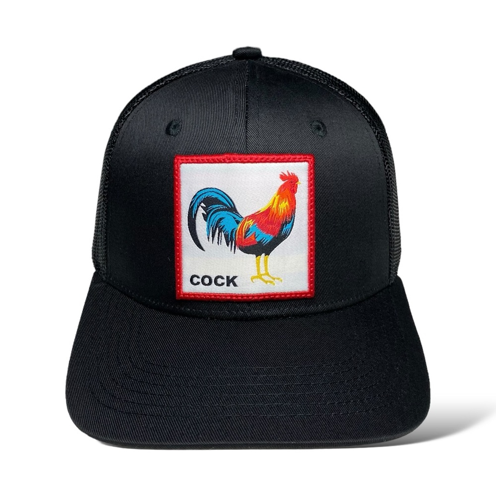 Men's Mesh Trucker Snapback Cap with Rooster Patch Black
